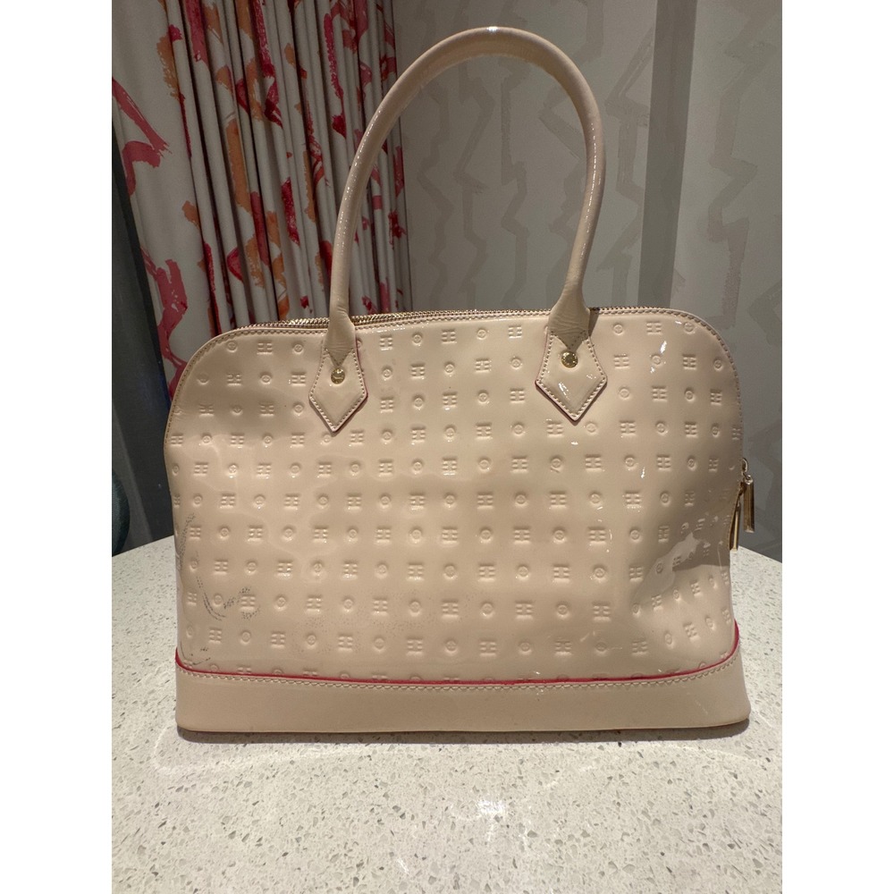 Arcadia Italian Beige Patent Leather Logo Embossed Satchel Bag Red Trim Gold HW